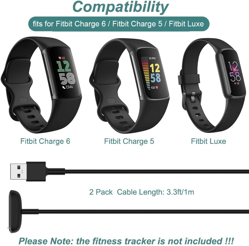 Charger for Fitbit Charge 5 / Charge 6 / Luxe, Replacement Charging Cable Cord Accessories for Fitbit Bands (2-Pack, 3.3ft/1m)